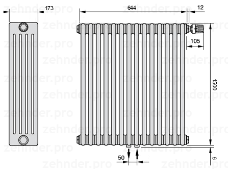 Схема (чертеж) Радиатор Zehnder Charleston 5150/14 №V008 Белый глянцевый RAL 9016